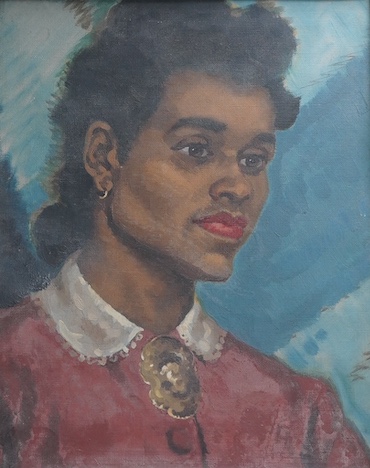 Modern British, oil on canvas, Portrait of a black woman, unsigned, 38 x 30cm, ornate gilt framed. Condition - fair, canvas sagging